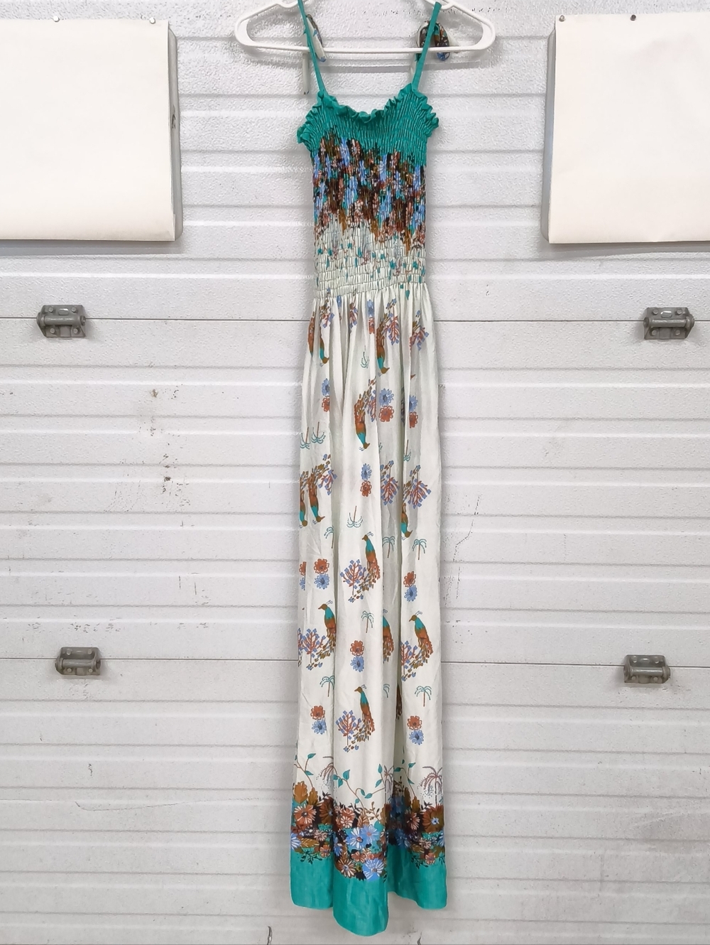 Boho Smocked Maxi Dress – Teal & Ivory Peacock Paisley Print - Picture 3 of 6